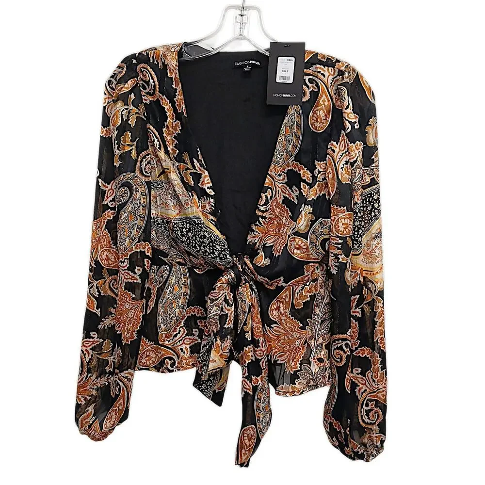 NEW Fashion Nova Blouse S Black Gold Equestrian‎ Paisely Babydoll Puff Sleeve
